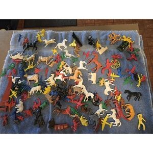 Vintage Plastic Figures  Cowboys, Indians, Dinosaur Airplanes A Few Missing Legs